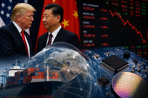 buatkan gambar realistis tampak nyata yang merefleksikan : Pertemuan Xi dan Trump Soal Taiwan Pengaruhi Pasar Global Hubungan China dan Amerika Serikat dinilai memiliki pengaruh besar terhadap ekonomi internasional. Pasalnya, kedua negara menjadi pusat perdagangan, investasi, dan industri teknologi dunia. Karena itu, setiap peningkatan ketegangan politik biasanya langsung memicu kekhawatiran di pasar global dan memengaruhi pergerakan bursa Asia. Di samping itu, Taiwan memiliki posisi strategis dalam industri semikonduktor dunia. Akibatnya, jika konflik meningkat, rantai pasok elektronik global dapat terganggu dan memicu kenaikan harga berbagai produk teknologi. Oleh karena itu, banyak negara berharap hubungan Beijing dan Washington tetap terkendali demi menjaga kestabilan ekonomi internasional.