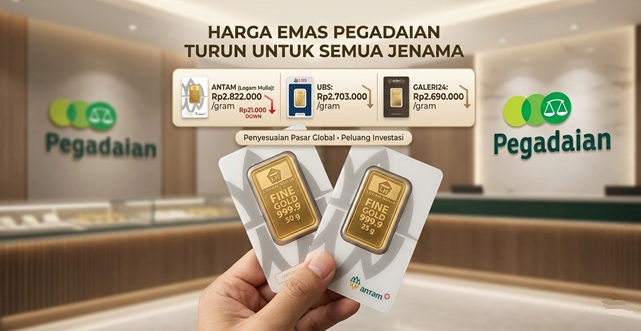 Harga Emas Pegadaian Turun untuk Semua Jenama