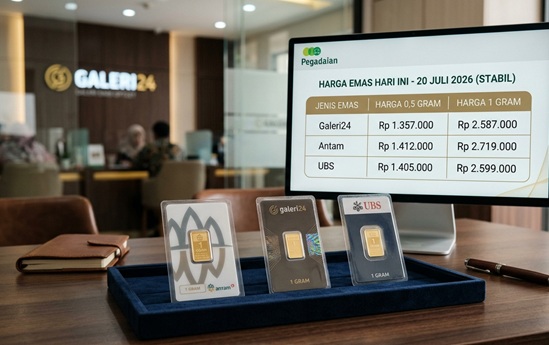Harga Emas Pegadaian Antam, UBS, dan Galeri24 Tetap Stabil